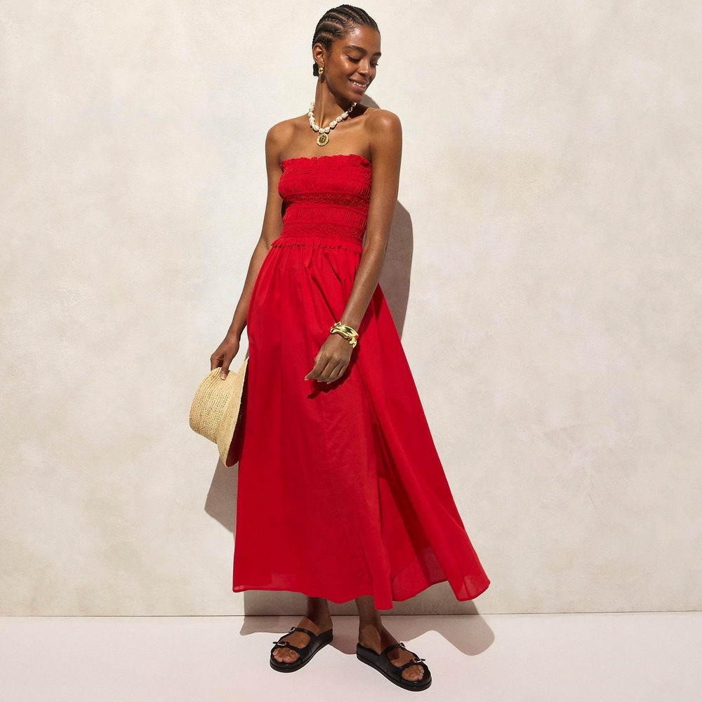J. Crew Red Strapless Midi Dress